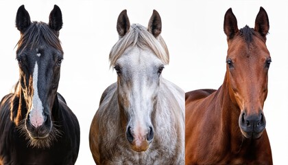 Obraz premium Vivid Equine Elegance Stunning Portraits of Horses in Black, Grey, Brown and White, Showcasing the Beauty and Versatility of Their Colours Against a Transparent Backdrop.