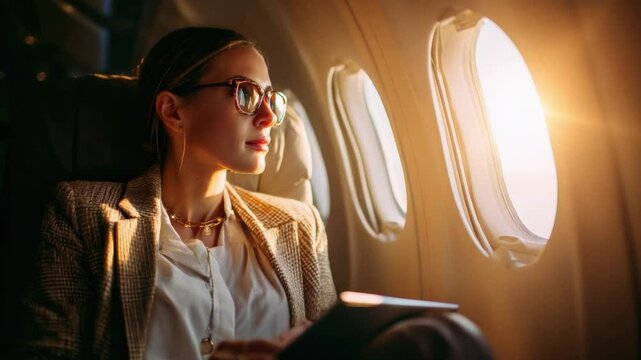 Voyage contemplation: A contemplative female passenger gazes out of the airplane window, enveloped in the warm glow of the setting sun, lost in thought during an aerial journey.