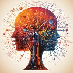 Human head profile image, multicolored, neurons, abstract, mental health, body and emotional states, balance, equilibrium on light background