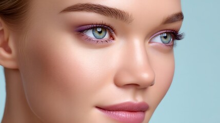Fototapeta premium Close-Up Portrait of a Young Woman with Stunning Blue Eyes and Makeup