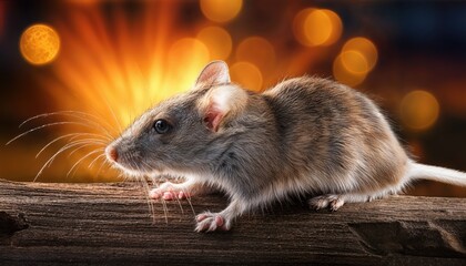A Close Encounter Curious House Mouse Exploring a Quaint Attic, Contrasting Against the Rustic Textures of Wood and Stone in an Evening Mood.