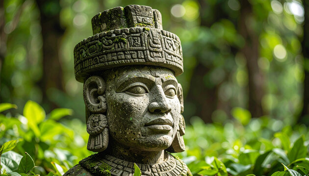 Olmec head. Stone sculpture. Ancient Mayan statue in jungle. Culture and history concept.