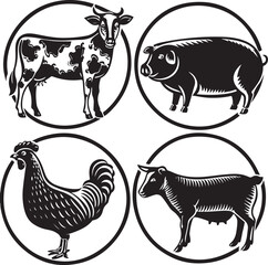 Collection of farm animal silhouettes, including cow, pig, sheep, chicken, and goat, perfect for vector illustrations or icons