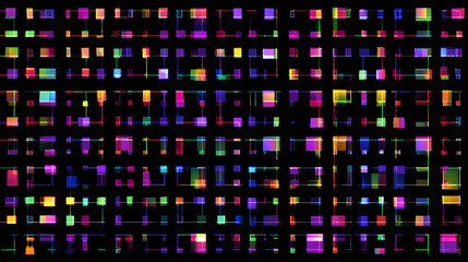 Obraz premium Colorful digital grid with neon pixel squares on black background, creating vibrant and dynamic abstract pattern with glowing rainbow hues and futuristic design elements