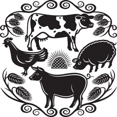 Farm animal vector collection featuring silhouettes of cows, pigs, sheep, goats, and other cattle for agriculture illustrations