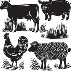 Farm animal silhouettes including cow, pig, sheep, chicken, and goat are illustrated in a vector collection
