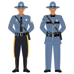 young man in the uniform of an American policeman, Maine, isolated on white background. young men dressed as American law enforcement officers. stock vector illustration. EPS 10.