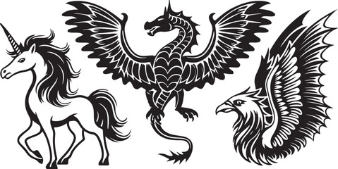 Heraldic black dragon and lion coat of arms vector silhouette illustration design with eagle wings for medieval tattoo or decoration symbol