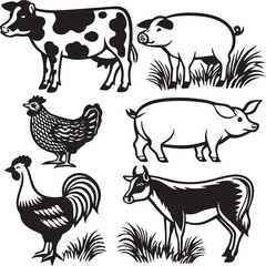 Farm animal vector silhouette set: cow, pig, chicken, sheep, horse, goat, duck, and bird cartoons for nature design illustration