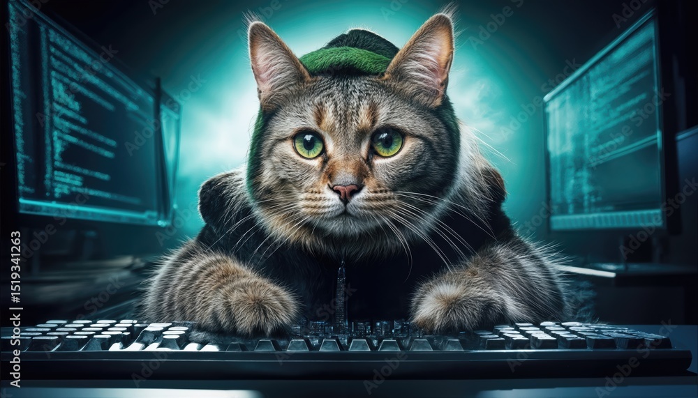 Poster mischievous cat hacker in a techy noir a humorous take on digital fraud in a gritty setting, showcas