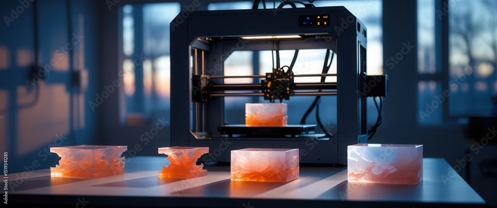 Aufkleber 3d printer creating translucent orange objects on a table in a modern workspace at sunset