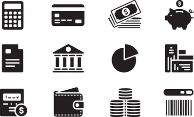 Monochrome Finance and Accounting Icons Set Flat Design Style for Banking and Investment Solutions