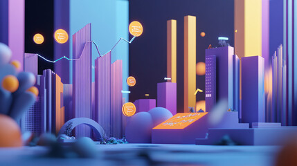 3D illustration of cryptocurrency market data with charts and digital assets.