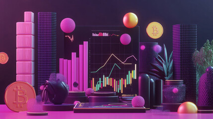 3D illustration of cryptocurrency market data with charts and digital assets.