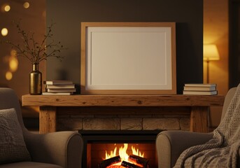 Horizontal Wooden Frame Mockup on a Cozy Fireplace Mantel with Books and Fire