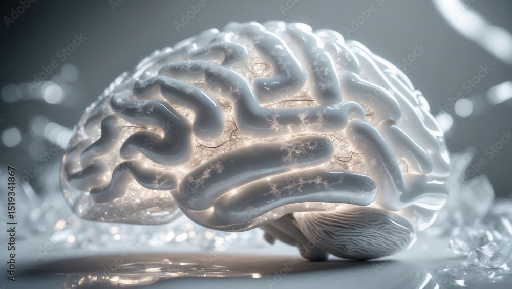 Poster futuristic glowing white brain model with neural connections on a reflective surface in a soft light