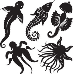 Flying bird and eagle silhouette vector illustrations with black and white tattoo designs of wild animals and fish