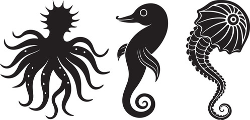 Tribal vector art illustration featuring an octopus and seahorse in a fantasy dragon or phoenix design, perfect for a tattoo or heraldic symbol