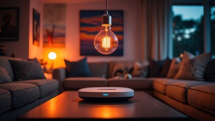 Modern living room interior with warm lighting and smart home device on table