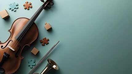 Violin And Musical Instruments On Light Teal Background With Puzzle Pieces