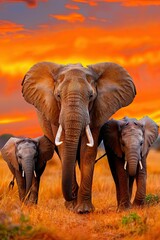 Majestic Elephants Walking Gracefully Across Golden Savanna Under Vibrant Sunset Sky Evoking Serenity and Connection to Nature in Wild Safari Experience