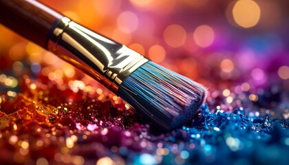 Fototapeta premium Vivid Brush Resting on Vibrant Paint Palette in an Artistic Setting