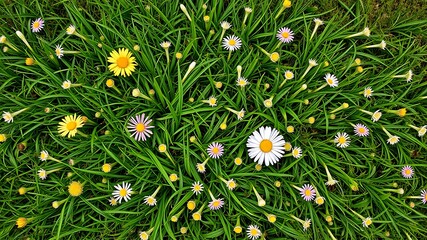 Vibrant wildflowers blooming in lush green grass