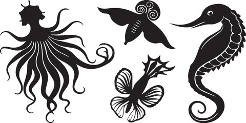 Decorative black silhouette vector set of sea animals and fishes with floral swirl and leaf elements