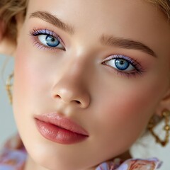 Naklejka premium Stunning Beauty Portrait of a Woman with Bright Blue Eyes and Makeup