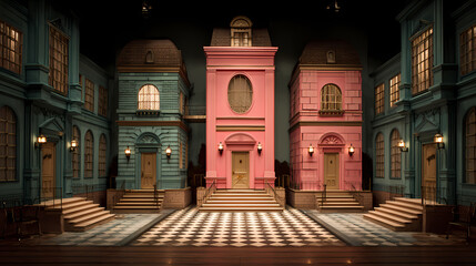 aesthetic reference for theater set | charming dysfunction | quirky elegance | desaturated vintage | stage-like layout | pink buildings | vignette balance | stylized realism | eccentric private