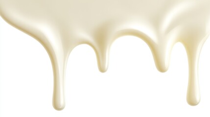 Smooth white melted chocolate dripping down with glossy texture and realistic lighting on pure white background, showing creamy flow and detailed dessert concept in high resolution