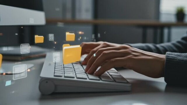 A conceptual image of a person typing on a modern keyboard with digital floating folders and file icons, symbolizing cloud storage, data management, or digital workflow systems