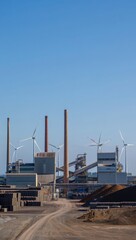 Fototapeta premium Industrial landscape wind turbines factory complex