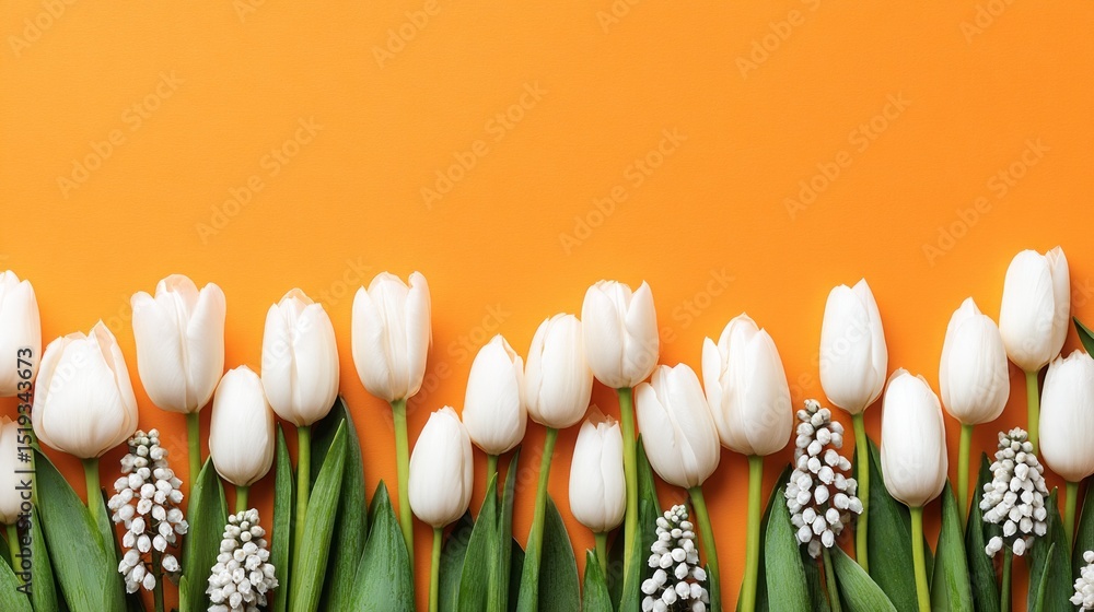 Poster fresh white tulips and delicate greenery are arranged in a neat line against a bright orange backgro
