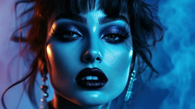 Stylish woman portrait with dramatic makeup, blue lighting and smoke background, fashion concept.
