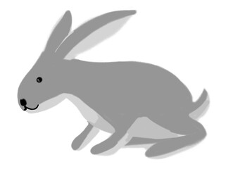 Hand-drawn crayon gray cartoon bunny running, cute and lively, PNG with transparent background, playful children’s design.