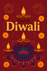 Diwali festival celebration card with diya lamps and fireworks