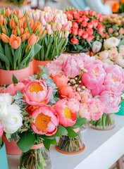 Vibrant Flower Shop Display Featuring Colorful Bouquets of Tulips, Peonies, and Roses in Elegant Vases Creating a Cheerful Atmosphere for Floral Enthusiasts and Shoppers