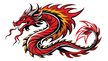Stylized Red Dragon Illustration with Fiery Mane and Curled Body on White
