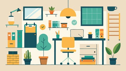 Stylized Home Office Illustration with Plants Desk Chair and Organizational Items