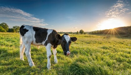 Summer Peace in a Lush Landscape A Black and White Cow Grazing Contently amidst Vibrant Green Pastures under a Serene Blue Sky, Capturing the Tranquility of Natures Bounty.