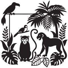 Set of wild birds and animals on tropical branches in silhouette vector design
