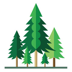 Stylized Forest Illustration with Evergreen Trees and Simple Geometric Shapes