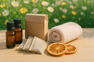 Natural wellness set with essential oils, tea bags, dried orange, towel, and kraft paper bag – spa and self care flat lay with floral background