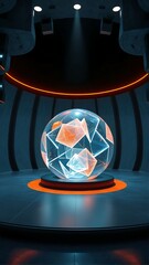 Futuristic crystal sphere in dark modern room