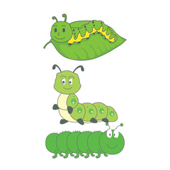 Collection of Cartoon Caterpillars | Cute and Colorful Worm Characters in Various Poses and Expressions