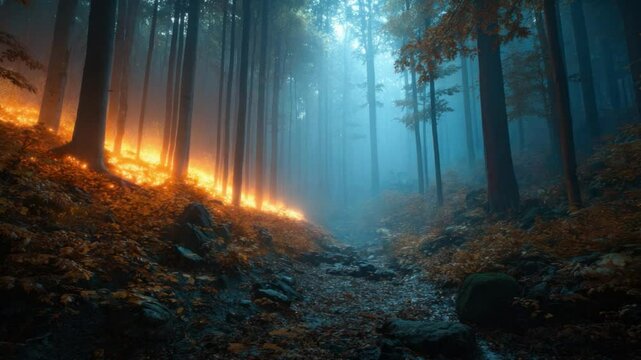 Mystical Forest Path:  A haunting forest trail bathed in ethereal light, where towering trees and atmospheric mist intertwine to create a sense of wonder and mystery.