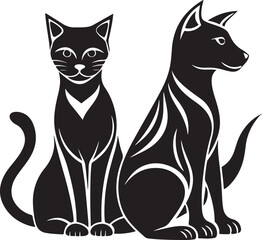 Set of cute black and white cartoon cat and kitten silhouettes with tails, perfect for pet, animal, or Halloween-themed designs