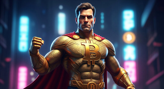 Fototapeta A super hero in a suit of BItcoin man.