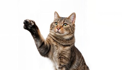 Obraz premium Isolated Feline Grace A Majestic Cat Raising Paw Against a Minimalistic Backdrop at Twilight, Embracing Serene Tranquility and Inquisitive Playfulness.